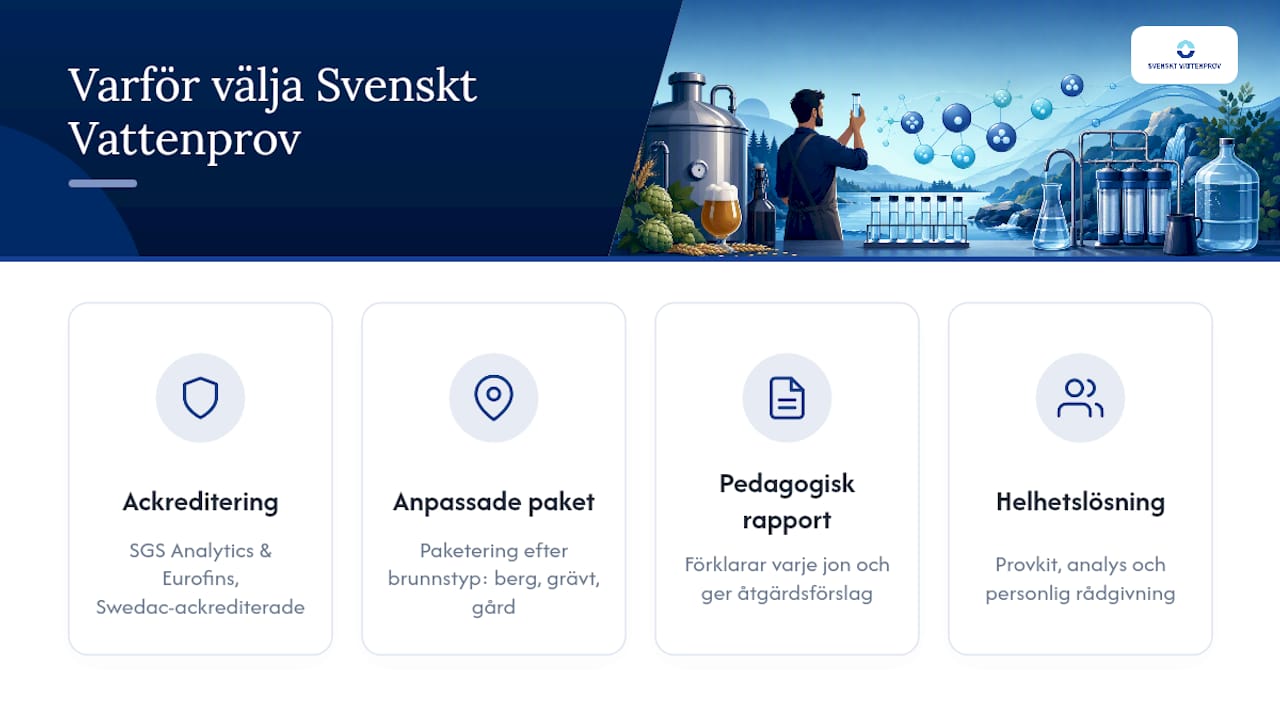 Varför välja Svenskt Vattenprov: ackreditering, analysflöde och rådgivning — overview diagram