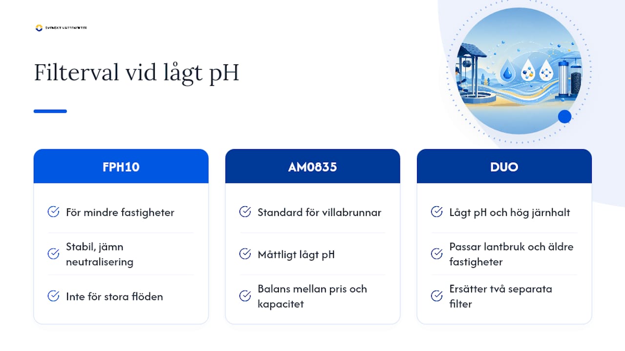 Snabböversikt: filterlösningar mot lågt pH — overview diagram