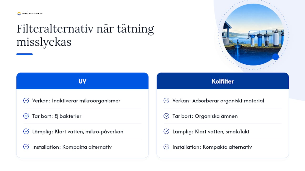 Svenskt Vattenfilters lösningar när tätning inte räcker — overview diagram