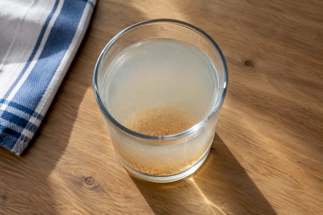 Glas med sedimenterat, grumligt brunnsvatten