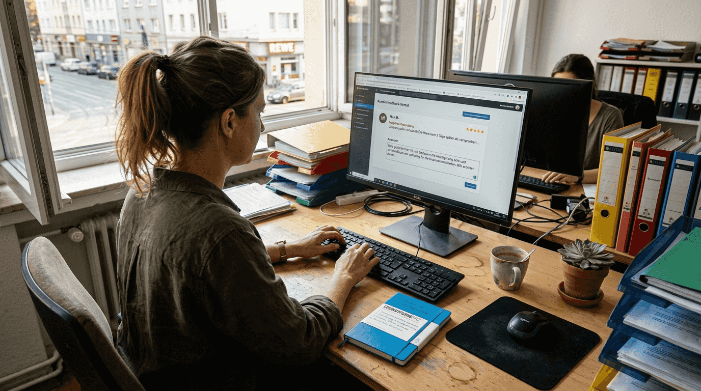 Eine Mitarbeiterin bearbeitet im Büro das Online-Feedback von Kunden.