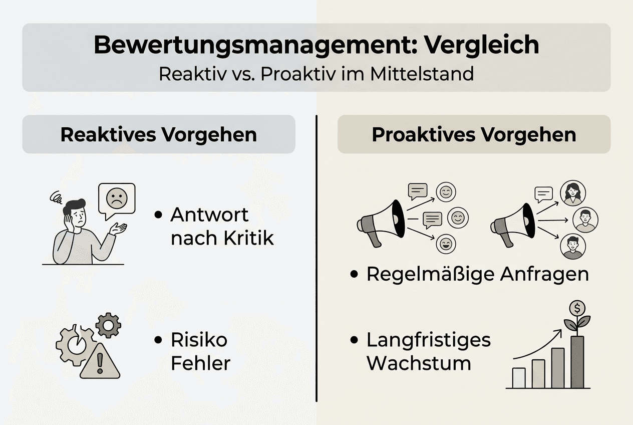 Infografik: Reaktives vs. proaktives Bewertungsmanagement im Vergleich