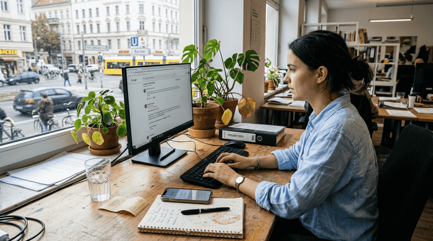 Ein Filialleiter beantwortet am Computer eine Kundenbewertung.