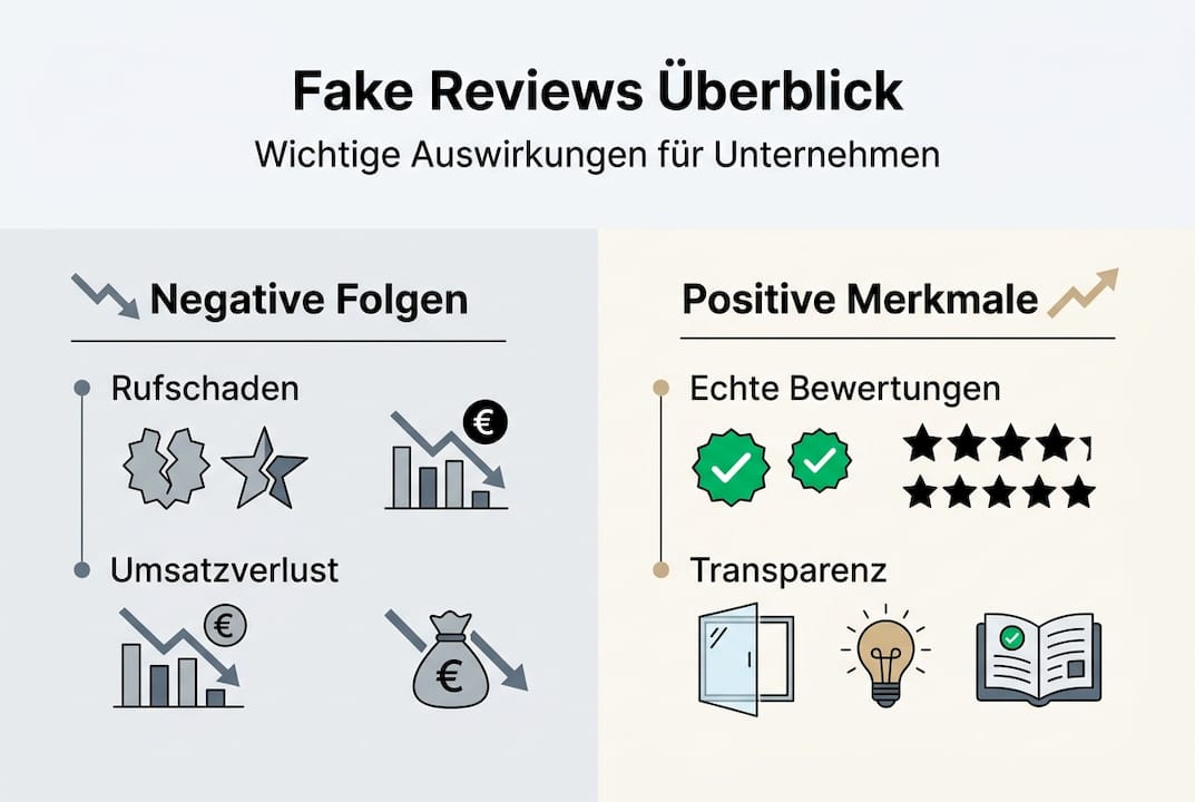 Die Infografik veranschaulicht, wie sich gefälschte Bewertungen auf Unternehmen und Verbraucher auswirken.