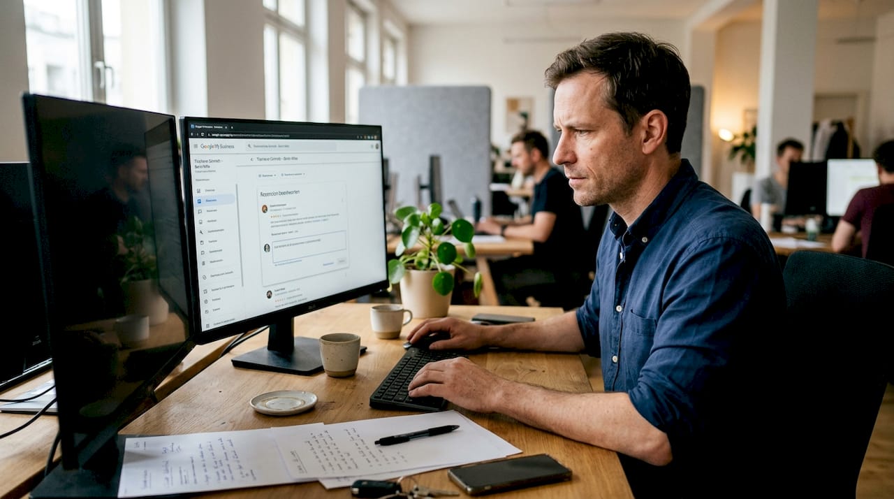 Ein Mitarbeiter kümmert sich direkt am Schreibtisch um die Beantwortung von Bewertungen.