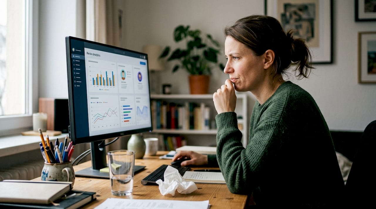 Eine Frau betrachtet aufmerksam Statistiken zur Bewertung auf ihrem Bildschirm.