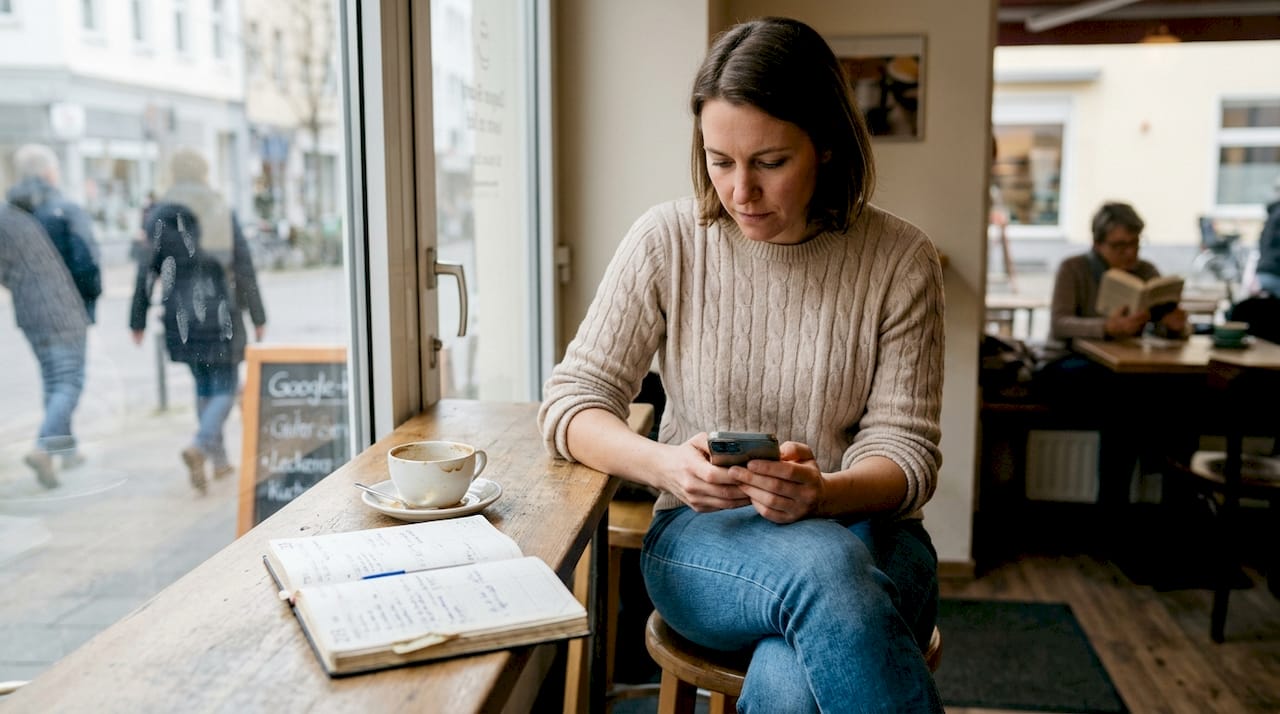 Die Inhaberin des Cafés stöbert am Tresen durch die Rückmeldungen ihrer Gäste.
