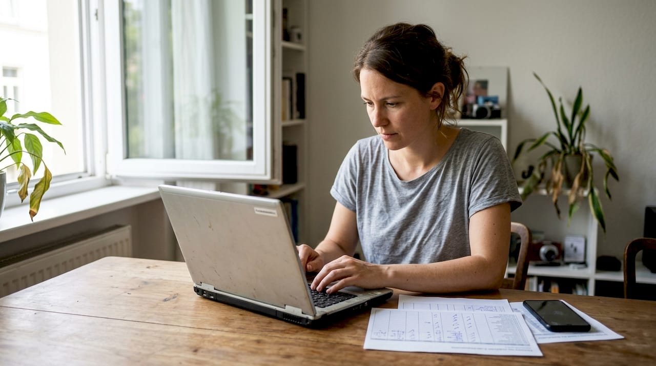 Eine Mitarbeiterin aktualisiert am Laptop die Firmendaten.