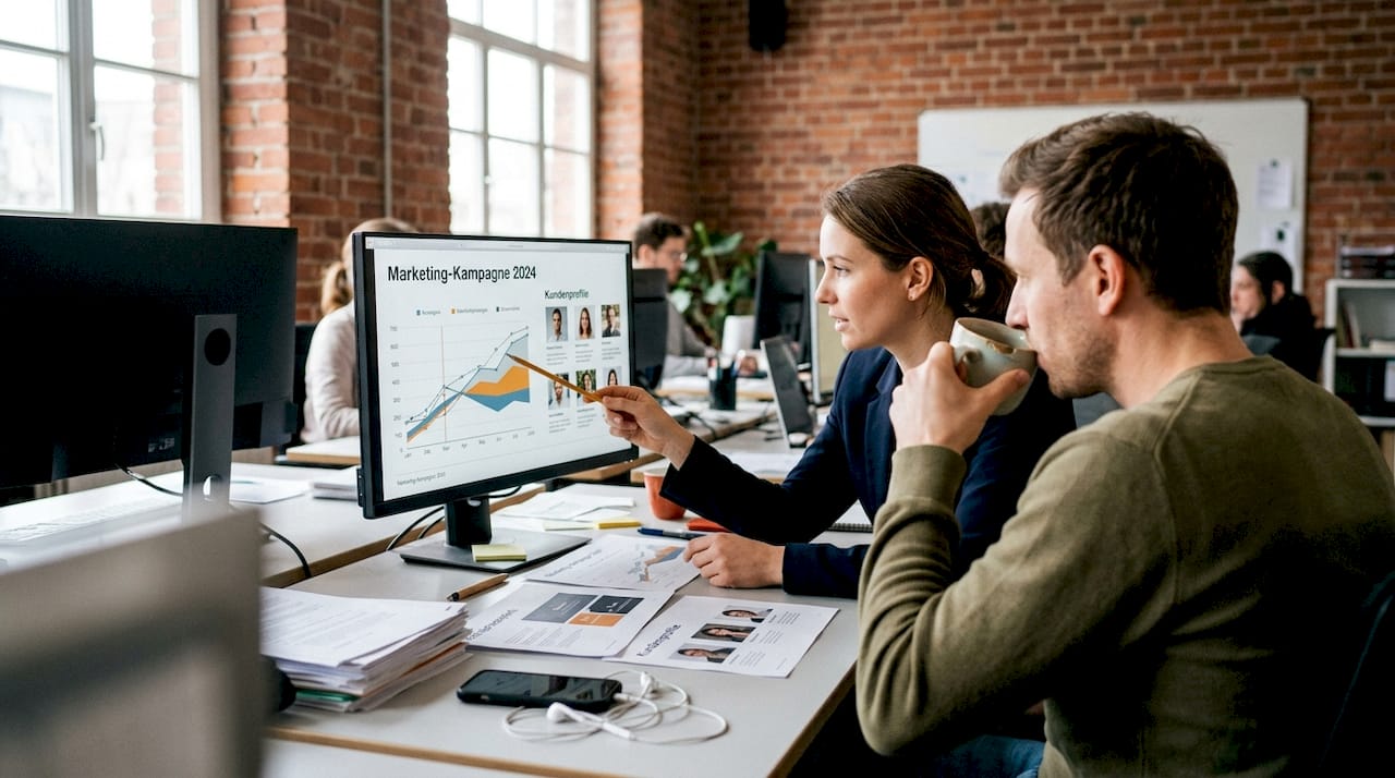 Mitarbeiter werten gemeinsam die Kundenzufriedenheitsbewertungen aus.