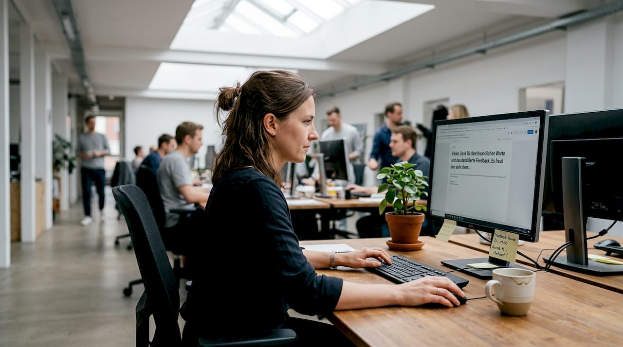 Eine Mitarbeiterin reagiert im Büro auf eine Kundenbewertung.