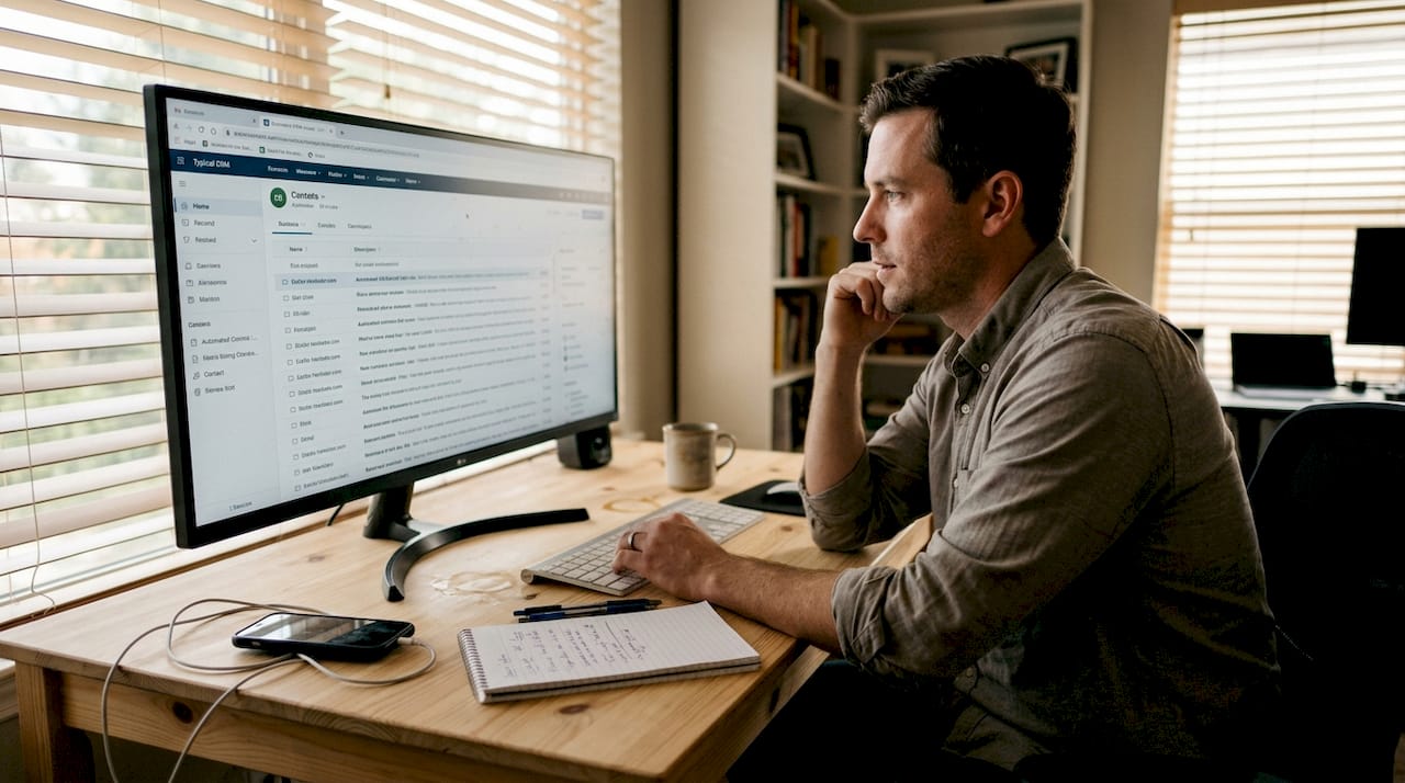 Ein Mitarbeiter im Homeoffice prüft und bearbeitet CRM-Anfragen, die per E-Mail eingegangen sind.