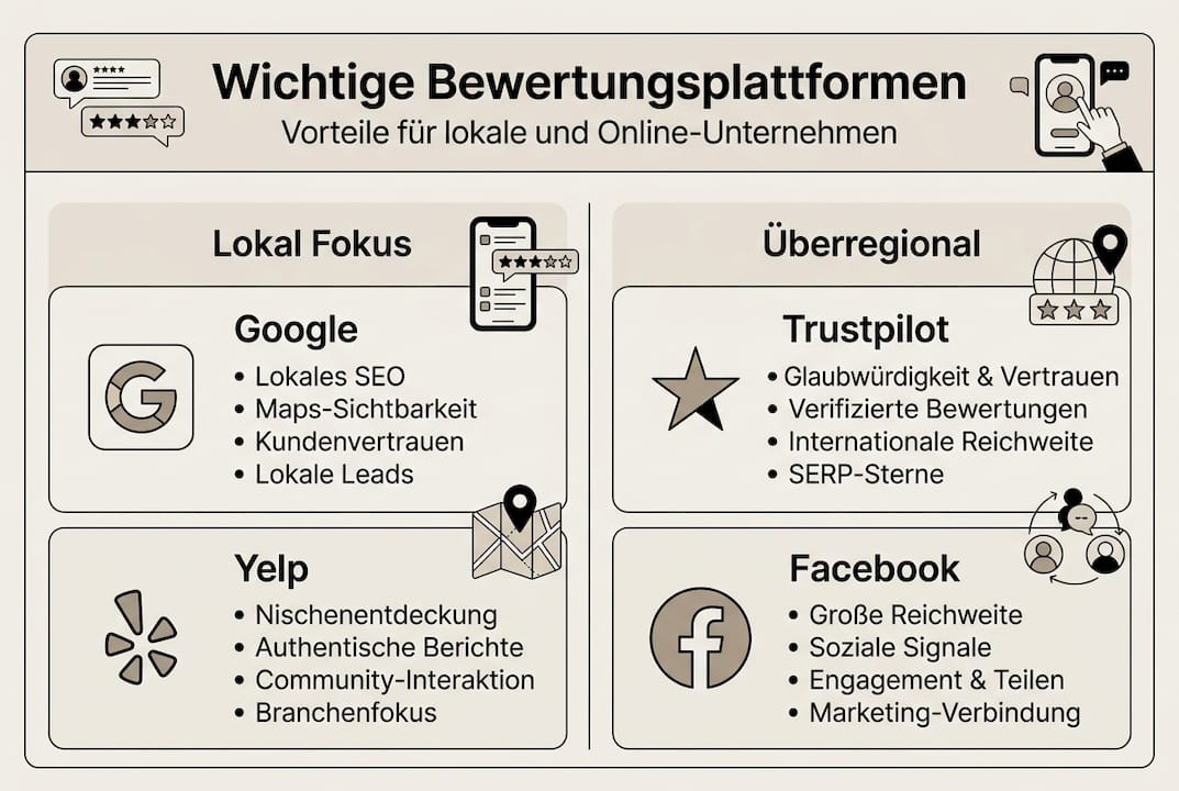 Infografik: Die wichtigsten Bewertungsportale – lokal und online im Überblick