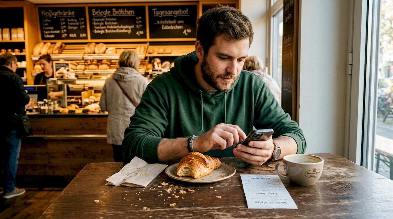 Eine Kundin schreibt ihre Bewertung direkt vor Ort in der Bäckerei.