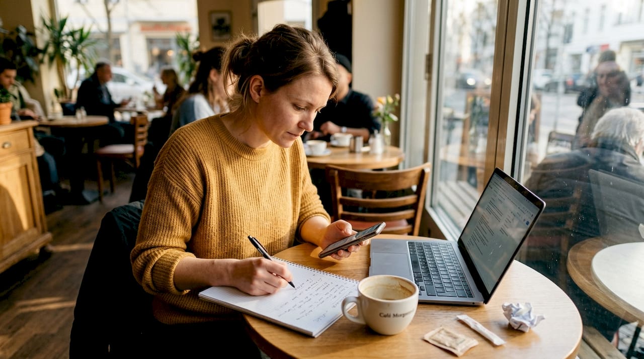 Eine Mitarbeiterin im Café prüft und sortiert die Gästebewertungen.
