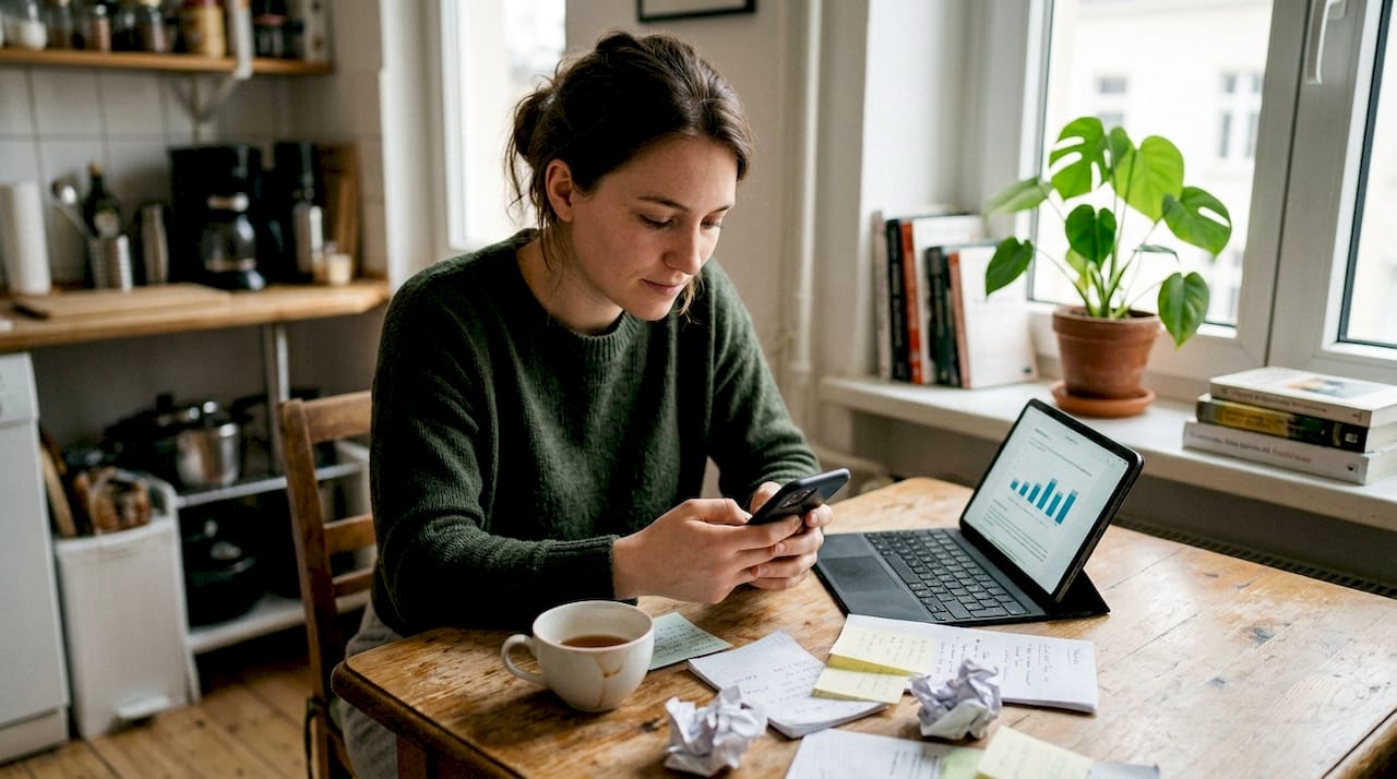 Eine Frau überprüft, ob die Bewertung in einem Profil wirklich echt ist.