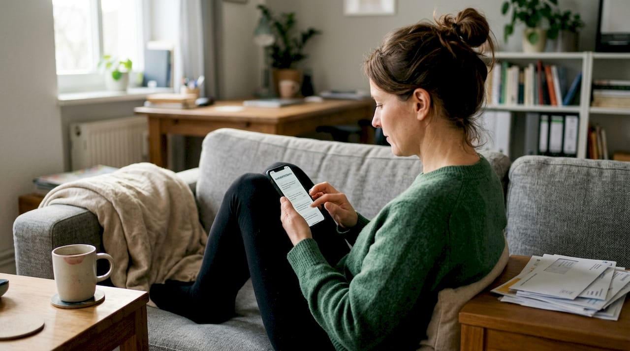 Eine Frau sitzt entspannt auf dem Sofa und liest, was Kundinnen und Kunden über ihre Produkte geschrieben haben.
