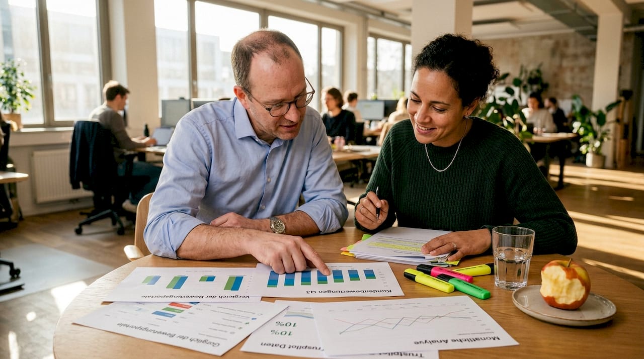 Mitarbeiter tauschen sich über Vergleichstabellen von Bewertungsportalen aus.