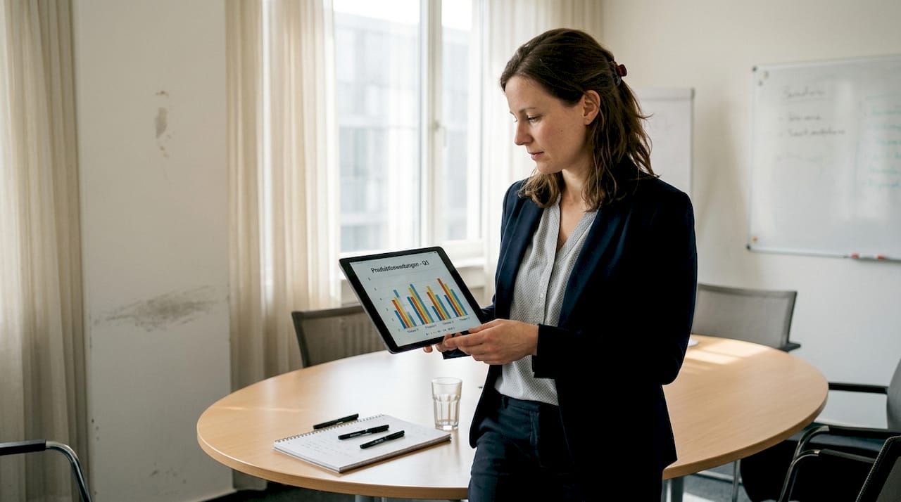 Eine Frau wertet im Besprechungsraum die Bewertungen auf ihrem Tablet aus.