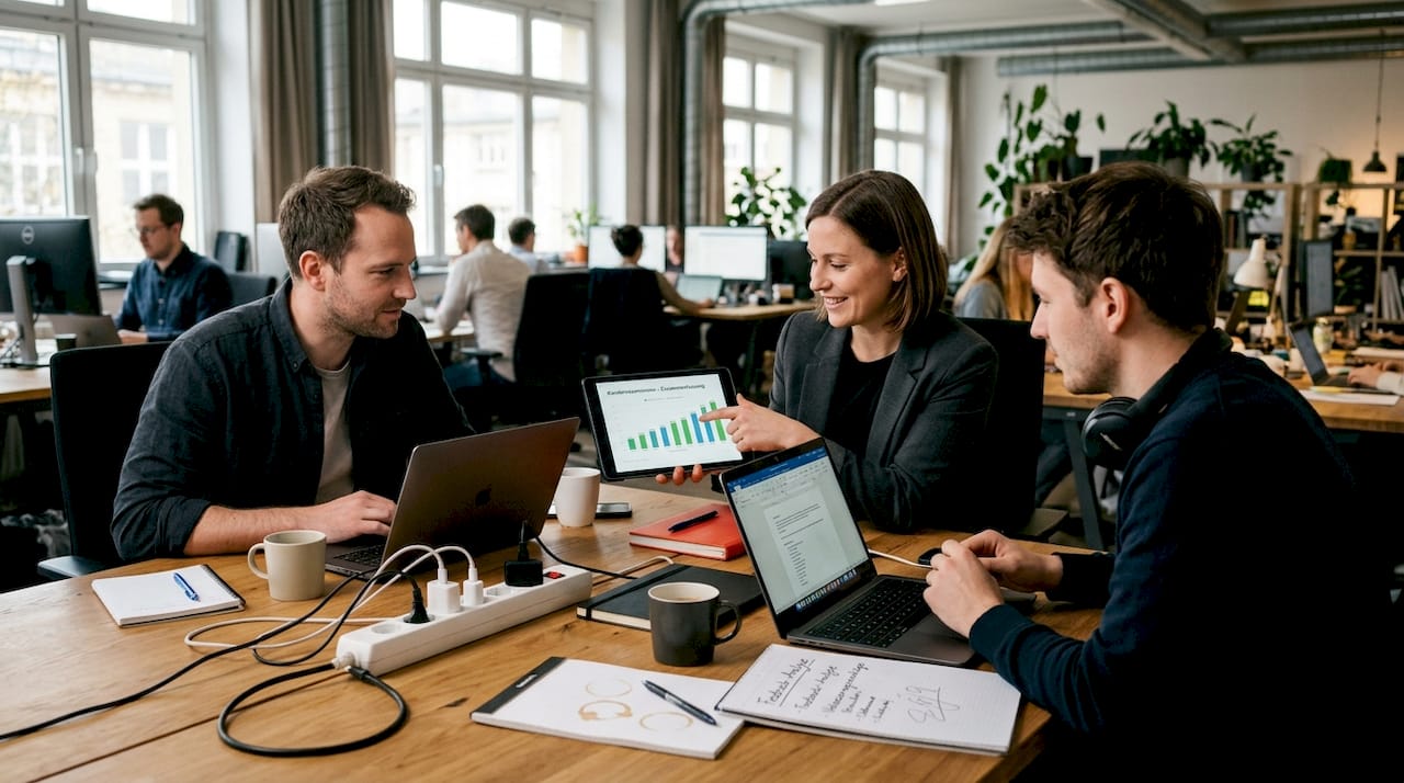 Im Büro tauscht sich das Team intensiv über Kundenfeedback aus und analysiert gemeinsam die Bewertungen.