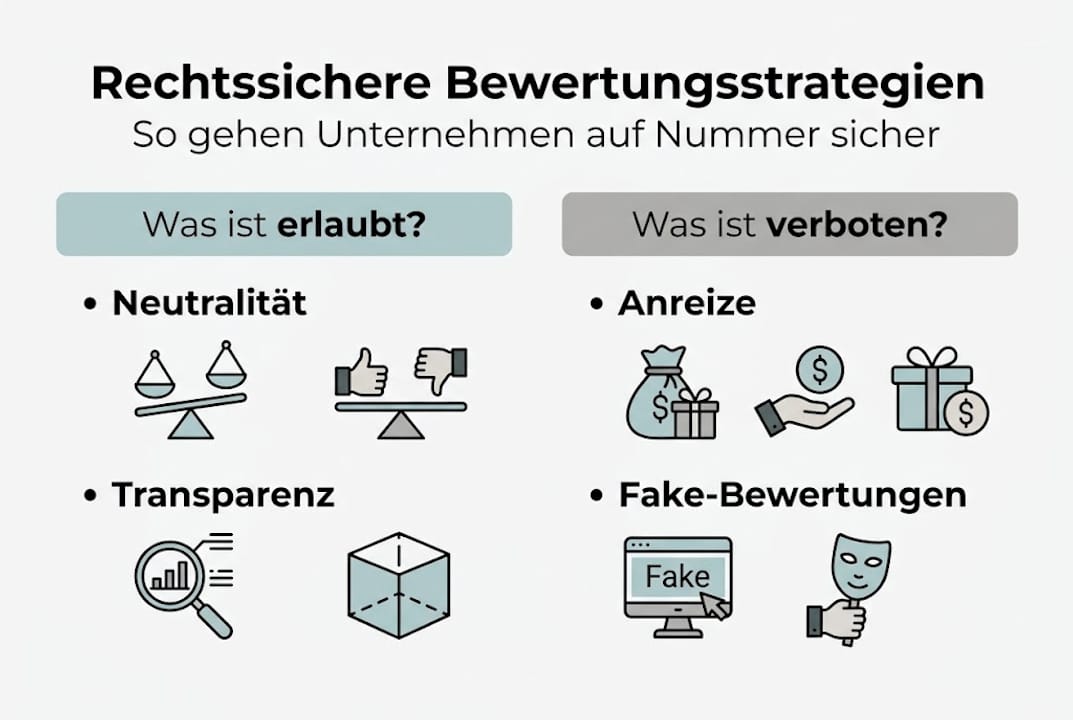 Infografik: Die wichtigsten Strategien für rechtssichere Bewertungen auf einen Blick
