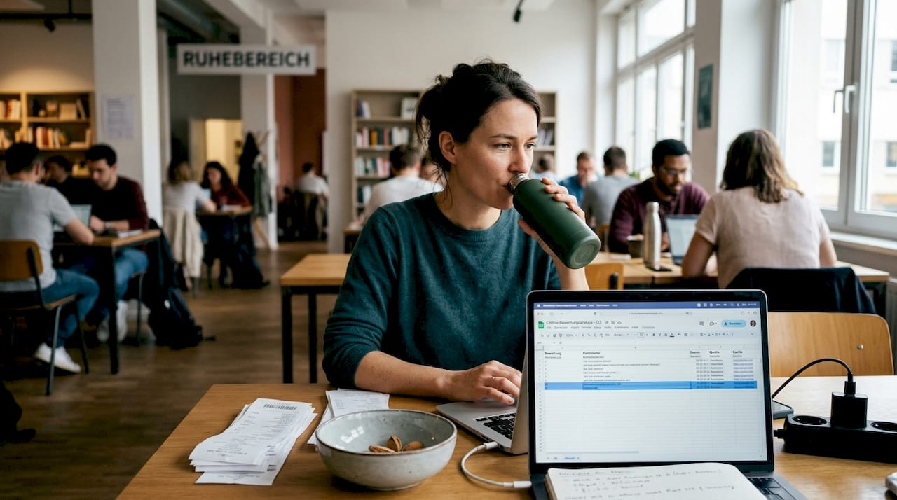 Ein Analyst prüft im Büro am Laptop aktuelle Bewertungen.