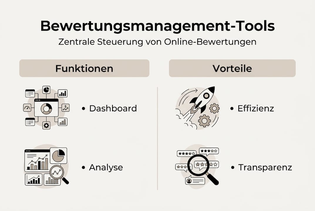 Infografik: Die wichtigsten Tools fürs Bewertungsmanagement und ihre Vorteile auf einen Blick