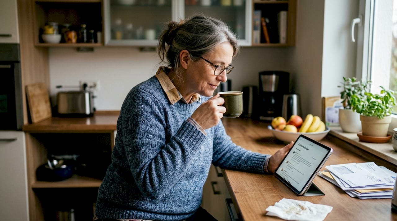 Unternehmerin liest Kundenbewertungen gemütlich von zu Hause aus.