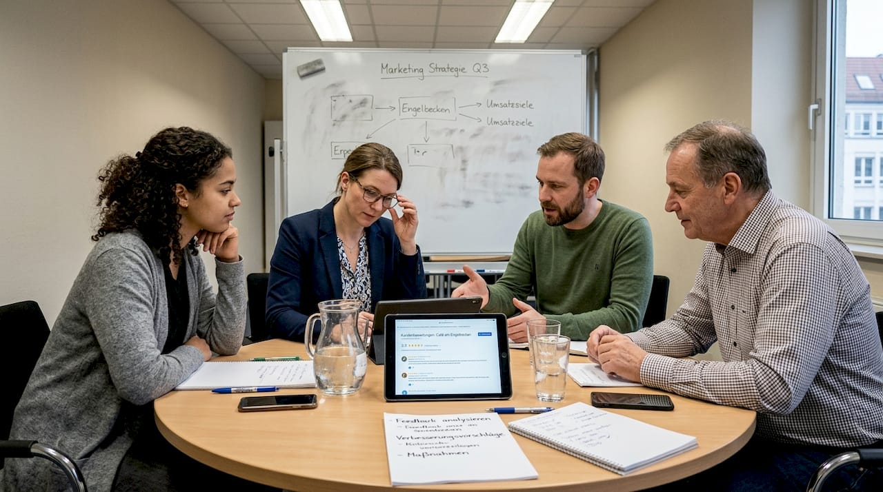 Das Team bespricht gemeinsam, wie es mit Online-Bewertungen strategisch am besten umgeht.