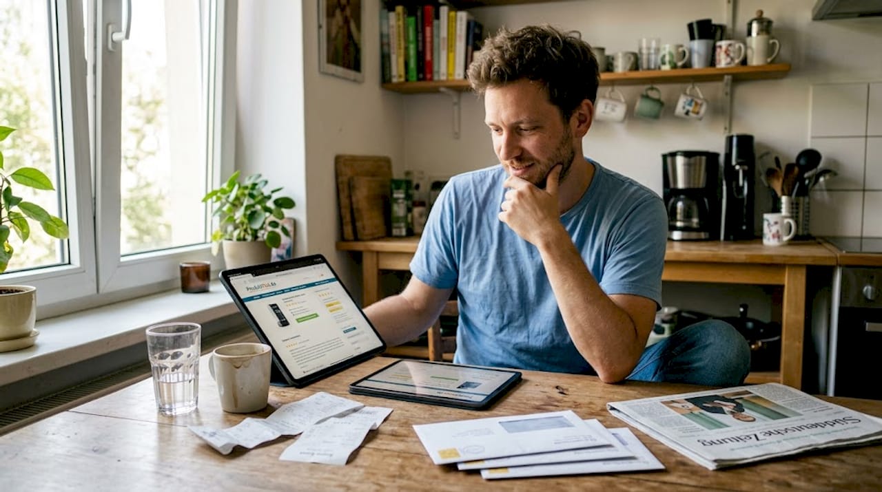 Ein Mann informiert sich beim Online-Shopping über die Bewertungen eines Produkts.