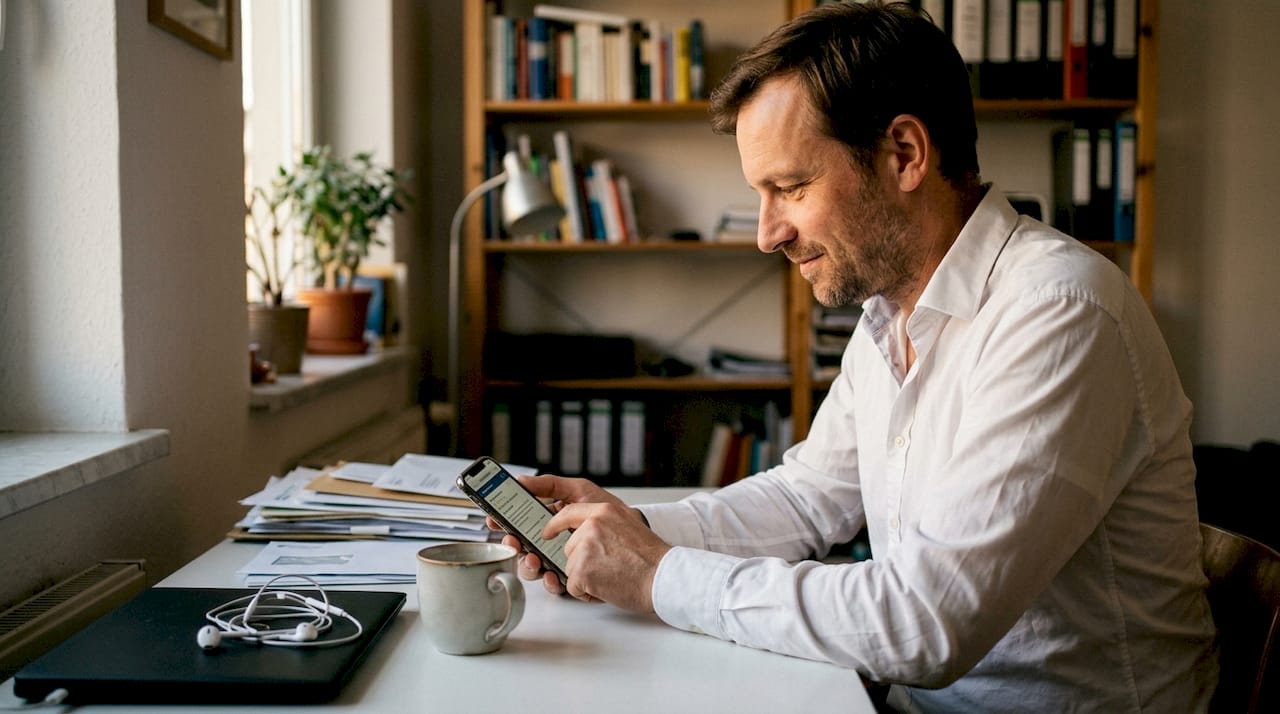 Ein Mann sitzt im Homeoffice und verfasst eine Antwort auf eine Kundenbewertung.