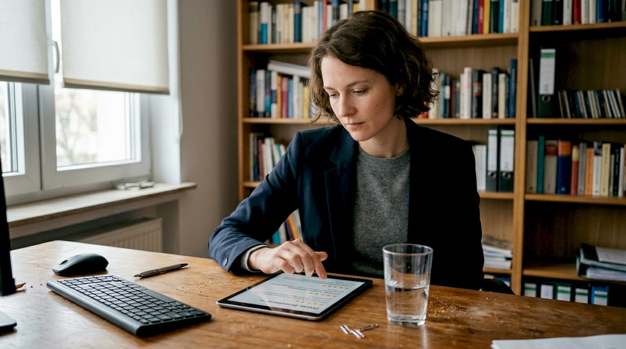Eine Frau wertet im Homeoffice Kundenbewertungen auf ihrem Tablet aus.