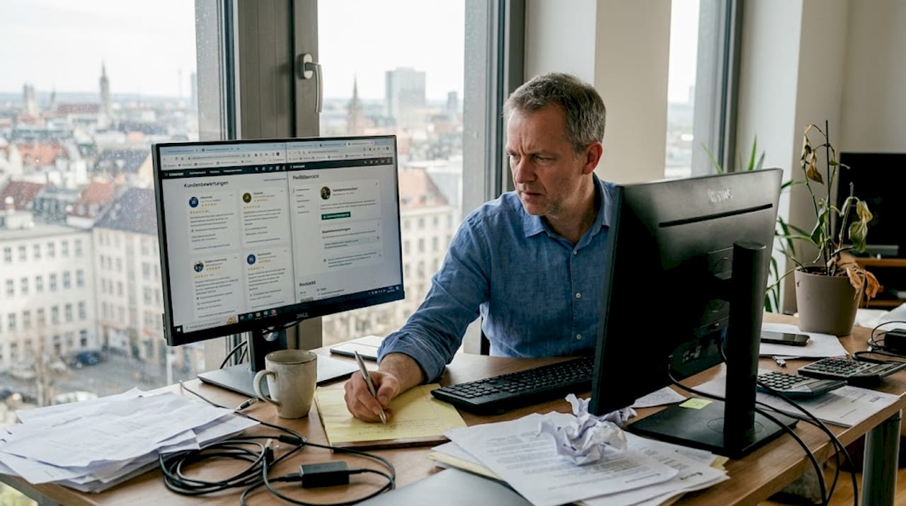 Unternehmer schaut sich die Bewertungen seines Unternehmens im Internet an