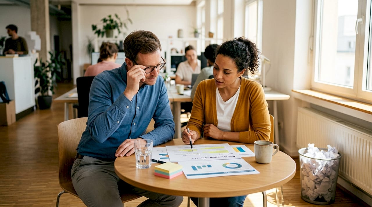 Das Team bespricht die Bewertungsergebnisse gemeinsam am Arbeitsplatz.