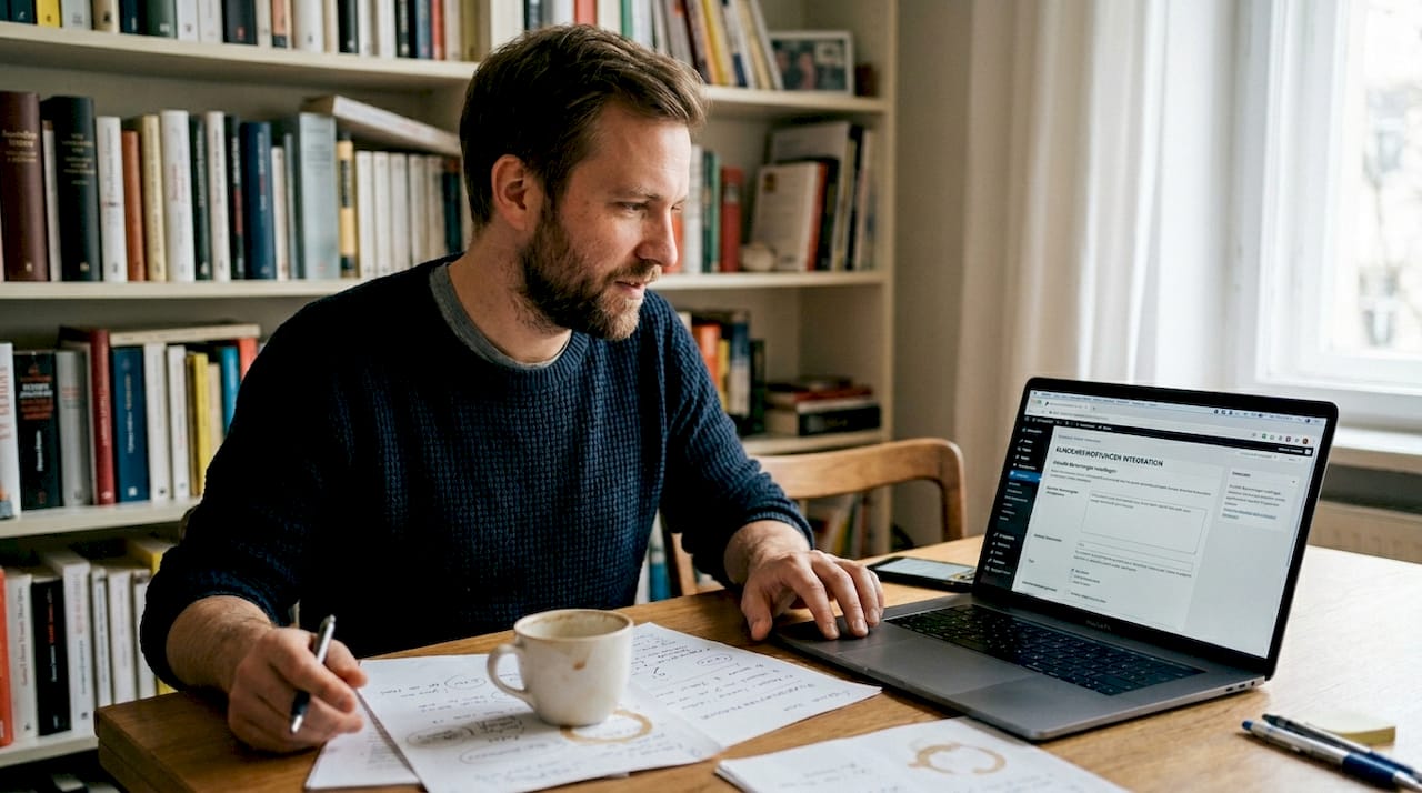 Ein Unternehmer integriert Kundenmeinungen als Referenzen auf seiner Website.