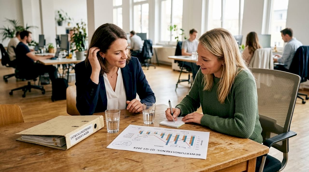 Mitarbeiterinnen werten gemeinsam aktuelle Bewertungstrends aus.