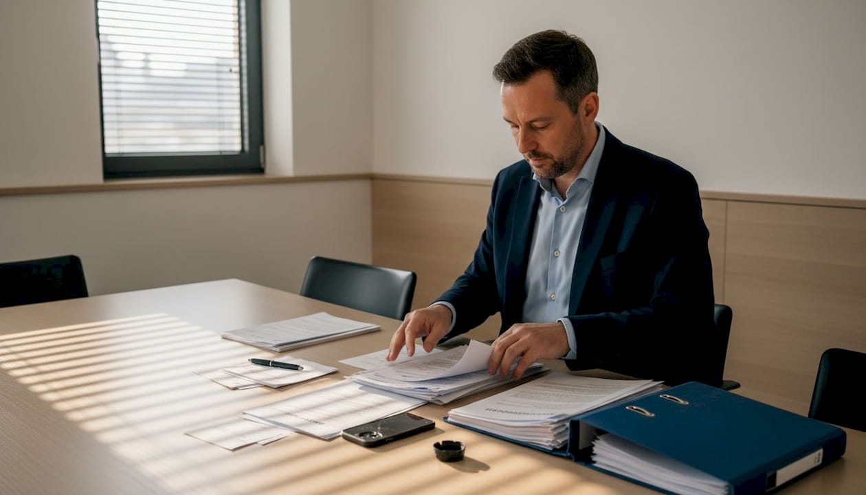 Ein Mitarbeiter bereitet Unterlagen für die Lieferantenprüfung vor.