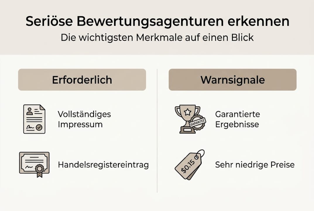 Infografik: Woran erkennt man vertrauenswürdige Bewertungsagenturen – und worauf sollte man bei unseriösen Anbietern achten?