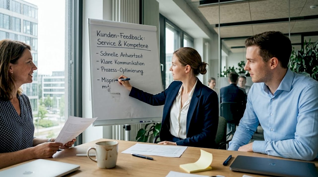 Die Teamleiterin geht im Meeting auf das Feedback der Kunden ein.