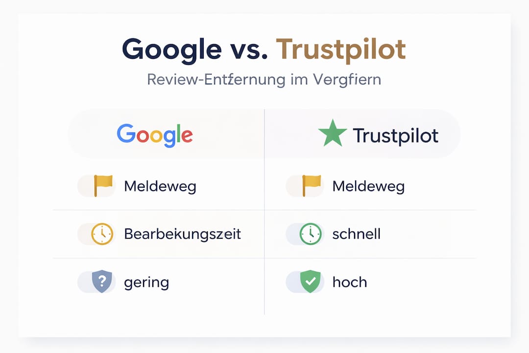 Übersichtsgrafik: So lassen sich Bewertungen bei Google und Trustpilot entfernen
