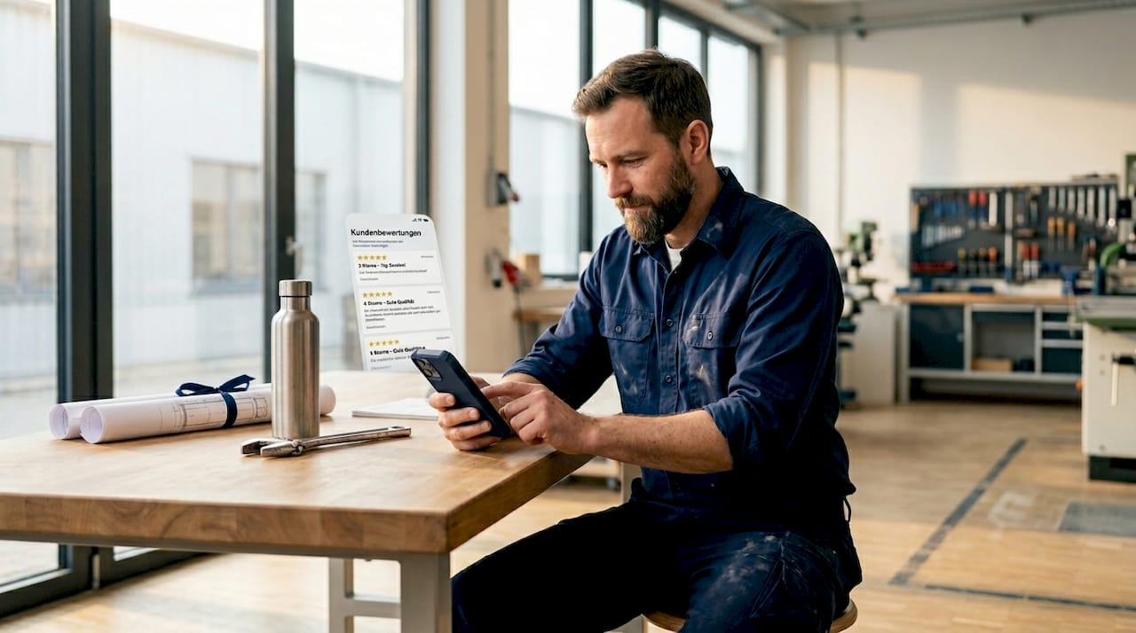 Ein Handwerker pflegt sein Firmenprofil direkt über das Smartphone.