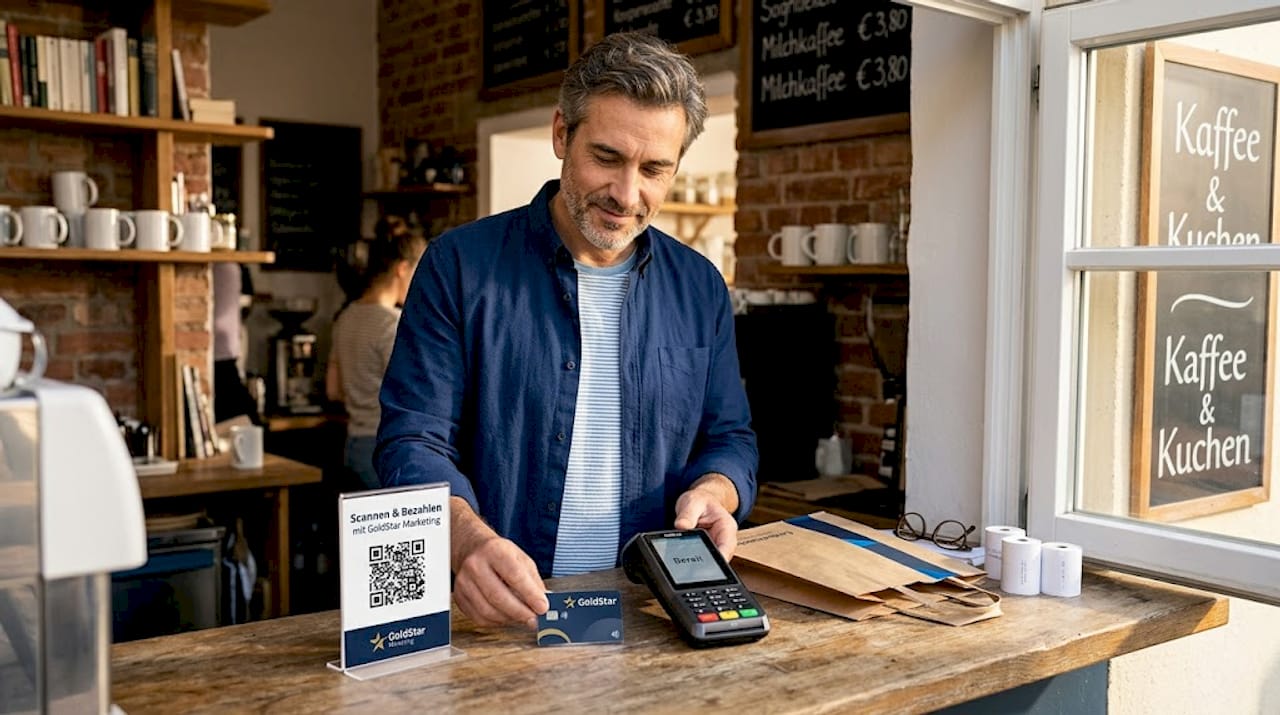 Der Verkäufer bringt einen QR-Code gut sichtbar an der Kasse an.