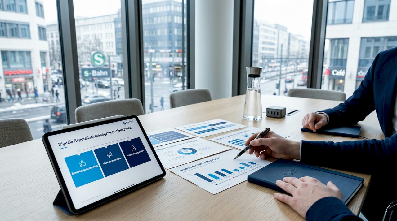 Das Team tauscht sich über Dienstleistungen rund um den digitalen Ruf aus.