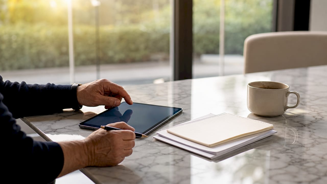Ein Mitarbeiter bearbeitet Review-Management-Aufgaben mit Tablet und Notizblock.
