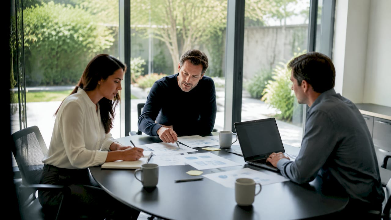 Ein Team sitzt gemeinsam am Tisch und wertet Kundenbewertungen aus.