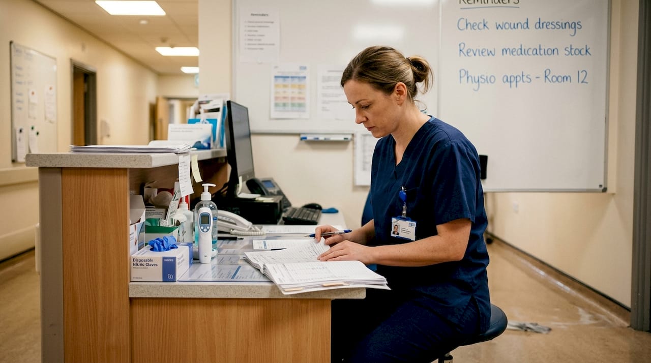Nurse reviewing medication chart in care facility