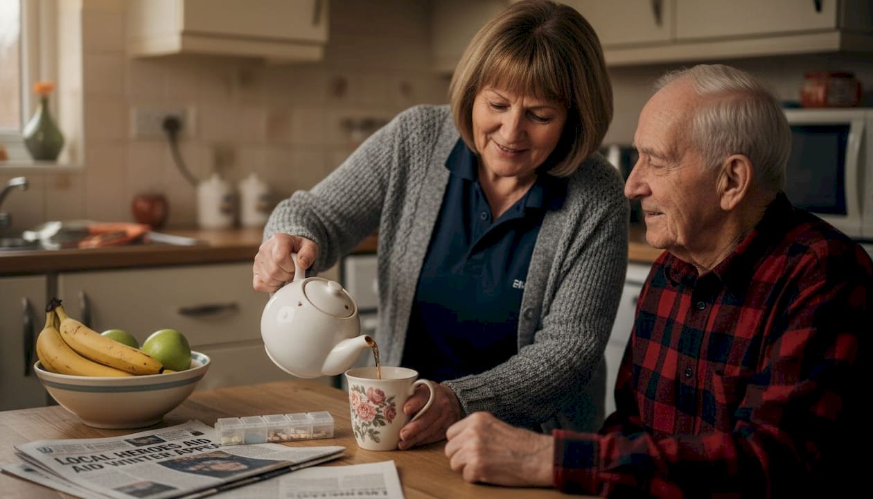 Carer serving tea to elderly man in kitchen