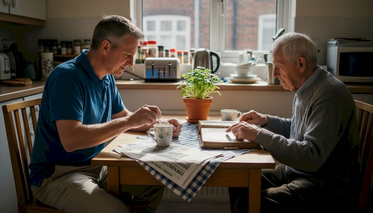 Carer and elderly man chatting at kitchen table