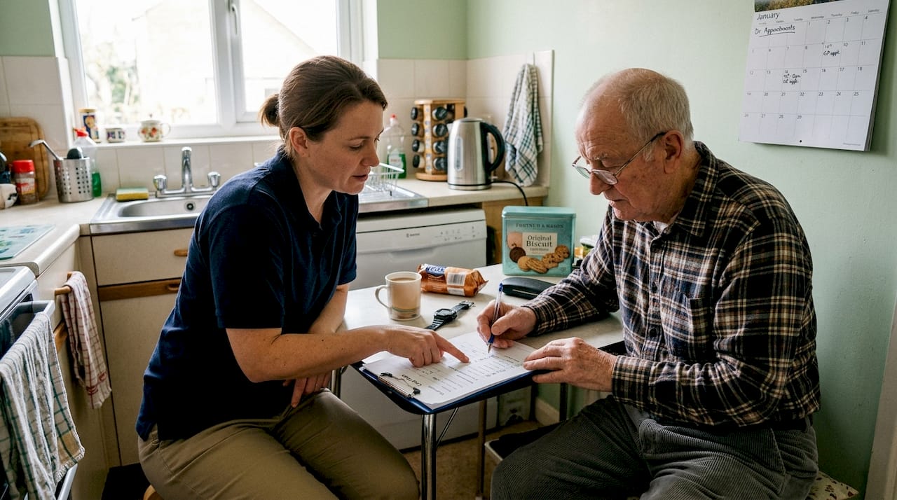 Carer and older man discussing care plan