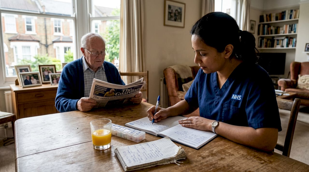 Nurse records care notes at client’s table
