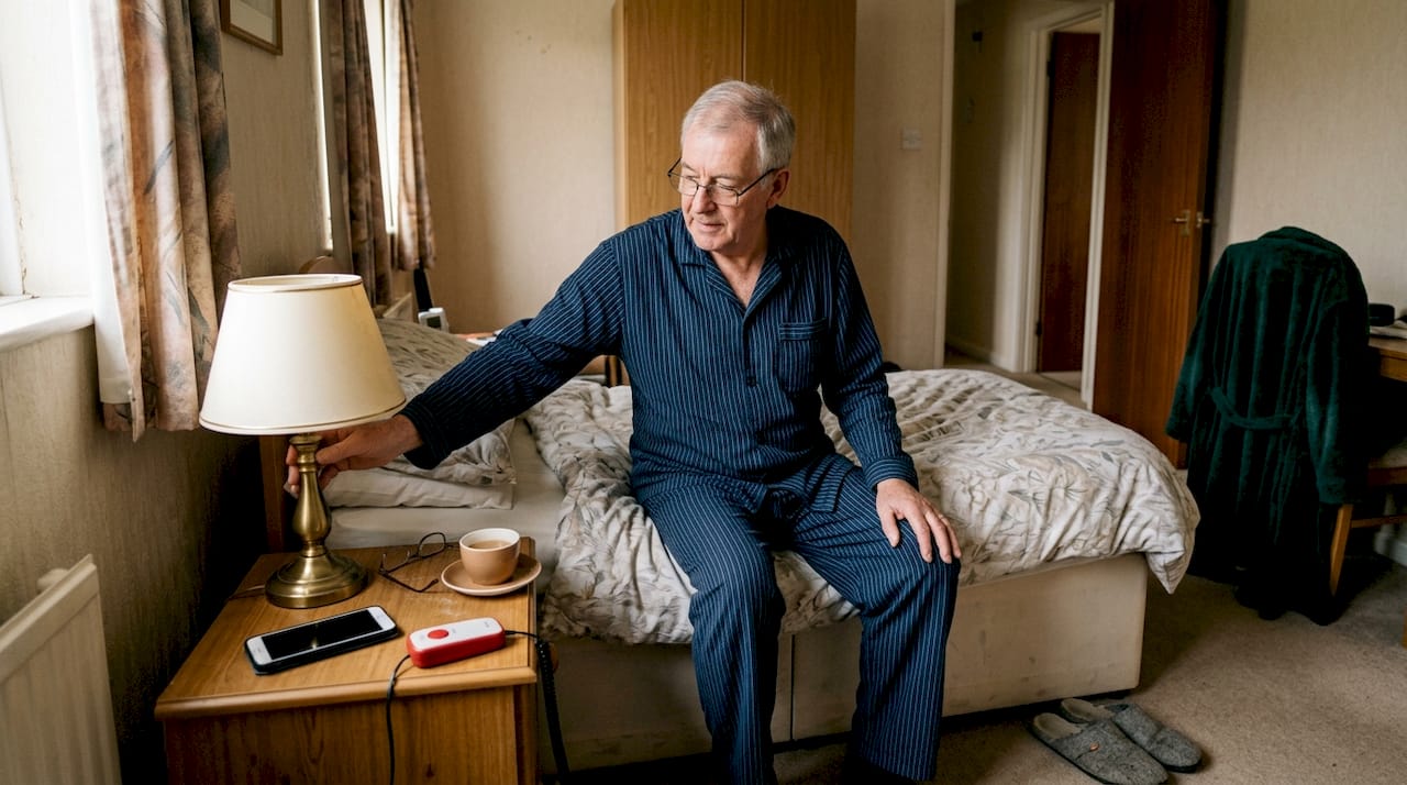 Elderly man’s bedroom with key safety features